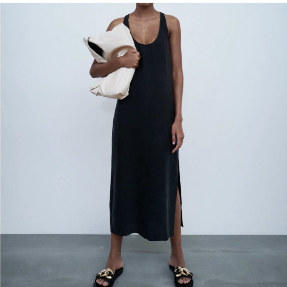 ZARA Slip black midi Lyocell Dress, size Large.
Slinky / Racer Back